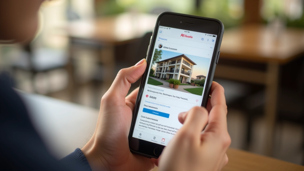 Смартфон в руке показывает объявление об аренде квартиры с фотографиями помещения и описанием, кафе в фоне