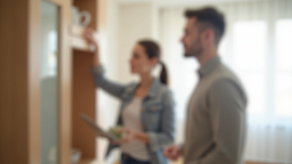 Двое людей осматривают квартиру, женщина открывает шкаф, мужчина смотрит вокруг, светлое помещение с окнами