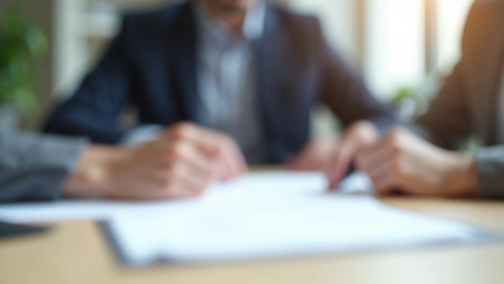 Человек указывает пальцем на строку в договоре, договор лежит на столе между двумя людьми