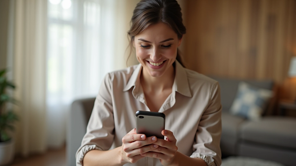 Женщина улыбается и держит телефон в руках, разговаривает по видеозвонку, уютный интерьер квартиры позади