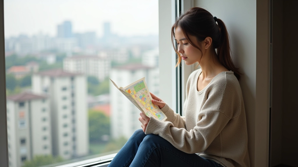 Молодая женщина смотрит на карту района в светлой квартире, сидит на подоконнике